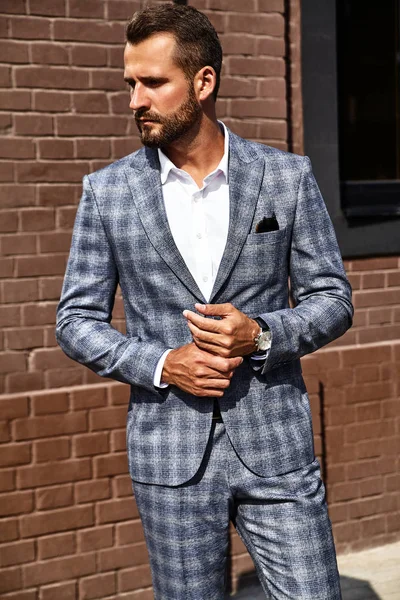 Portrait Sexy Handsome Fashion Businessman Model Dressed Elegant Checkered Suit — Stock Photo, Image