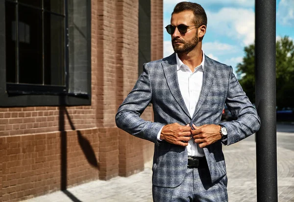 Portrait Sexy Handsome Fashion Businessman Model Dressed Elegant Checkered Suit — Stock Photo, Image