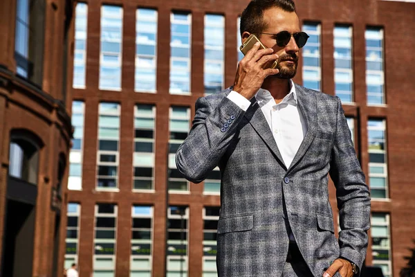 Portrait Sexy Handsome Fashion Businessman Model Dressed Elegant Checkered Suit — Stock Photo, Image