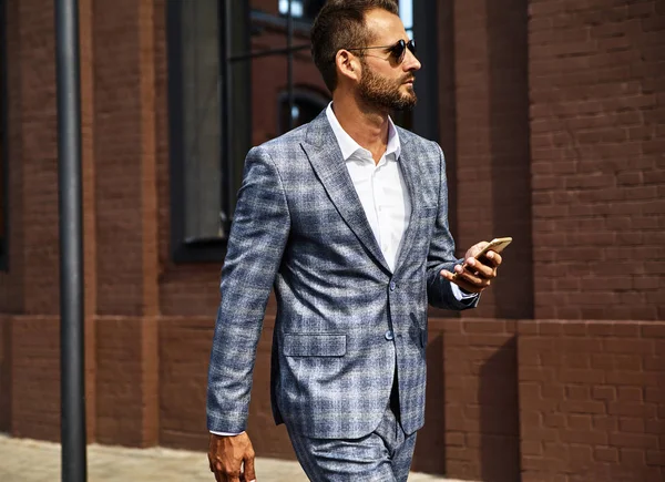 Portrait Sexy Handsome Fashion Businessman Model Dressed Elegant Checkered Suit — Stock Photo, Image