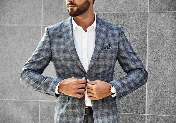 Fashion Businessman Model Dressed Elegant Checkered Suit Posing Gray Wall — Stock Photo, Image