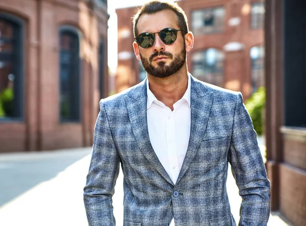 Retrato Modelo Bonito Sexy Homem Negócios Forma Vestido Terno Checkered — Fotografia de Stock