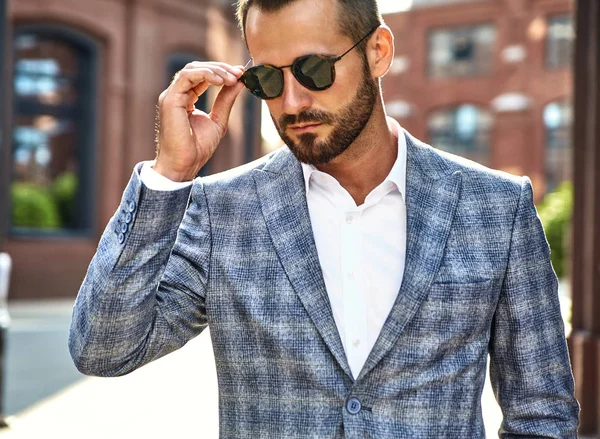 Portrait Sexy Handsome Fashion Businessman Model Dressed Elegant Checkered Suit — Stock Photo, Image