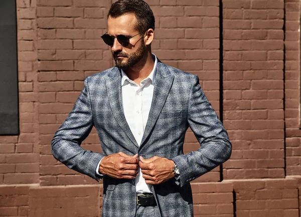 Retrato Modelo Bonito Sexy Homem Negócios Forma Vestido Terno Checkered — Fotografia de Stock