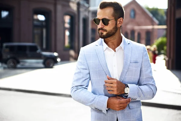 Retrato Modelo Bonito Sexy Homem Negócios Forma Vestido Terno Azul — Fotografia de Stock