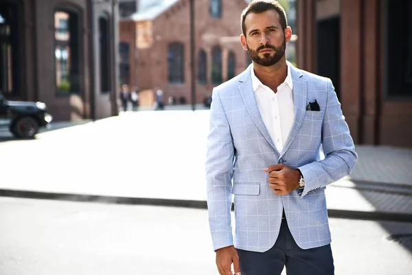 Retrato Modelo Bonito Sexy Homem Negócios Forma Vestido Terno Azul — Fotografia de Stock