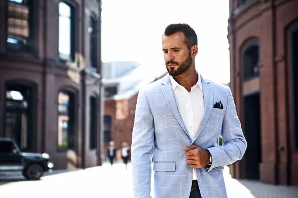 Portrait Sexy Handsome Fashion Businessman Model Dressed Elegant Blue Suit — Stock Photo, Image