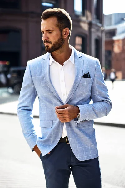 Retrato Sexy Modelo Hombre Negocios Moda Guapo Vestido Con Elegante —  Fotos de Stock