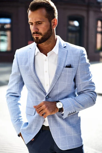 Retrato Sexy Modelo Hombre Negocios Moda Guapo Vestido Con Elegante — Foto de Stock