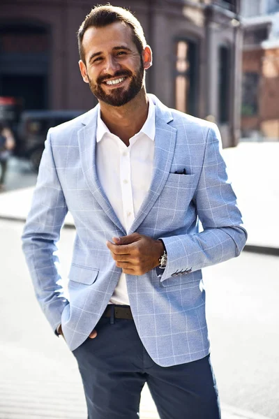 Portrait Sexy Smiling Handsome Fashion Businessman Model Dressed Elegant Blue — Stock Photo, Image