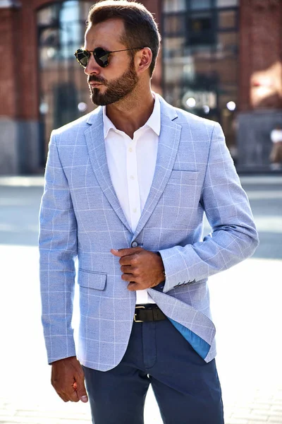 Portrait Sexy Handsome Fashion Businessman Model Dressed Elegant Blue Suit — Stock Photo, Image