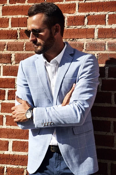 Retrato Modelo Bonito Sexy Homem Negócios Forma Vestido Terno Azul — Fotografia de Stock