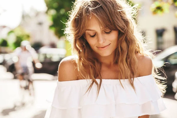 Porträtt Vackra Söt Blond Tonåring Modell Utan Smink Sommar Hipster — Stockfoto