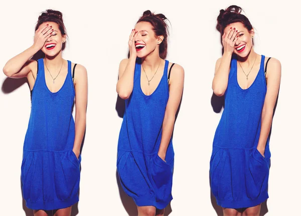 Mutlu kadın model parlak makyaj ve renkli dudak üzerinde beyaz izole hipster yaz giysileri ile portresi. Delirmek