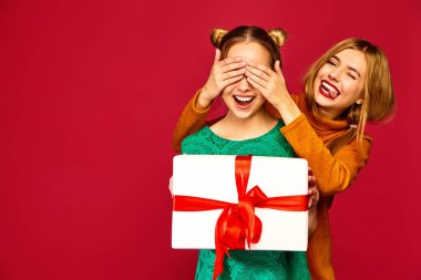 Noel, x-mas, kavram. İki şık giysiler güzel kadın gülümsüyor. Kızlar kırmızı zemin üzerine poz. Kaplama gözleri onun arkadaşı ve onun büyük hediye kutusu veren model. Eğleniyor, kutlama için hazır.