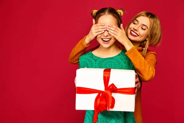 Noël Mas Concept Deux Belles Femmes Souriantes Dans Des Vêtements — Photo