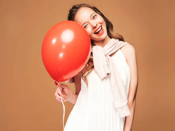 Chica Joven Emocionada Posando Vestido Blanco Verano Moda Modelo Mujer — Foto de Stock