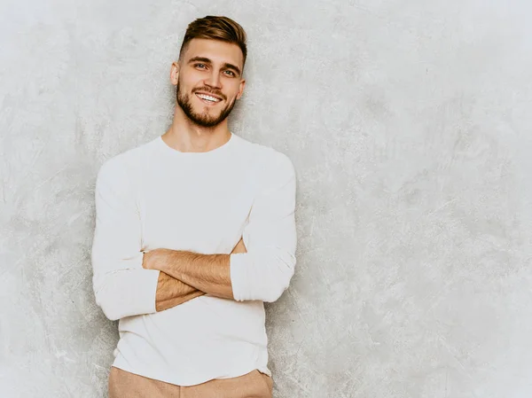 Retrato Guapo Sonriente Hipster Lumbersexual Modelo Hombre Negocios Con Ropa — Foto de Stock