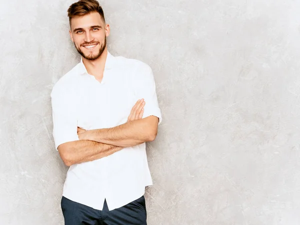 Retrato Guapo Sonriente Hipster Lumbersexual Modelo Hombre Negocios Con Camisa — Foto de Stock