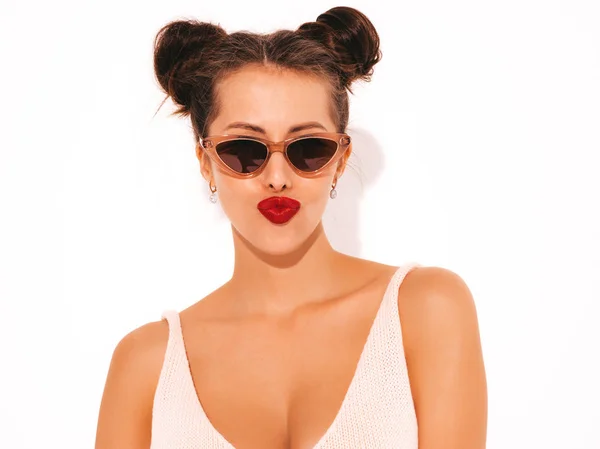 Portret Zbliżenie Młoda Piękna Seksowna Kobieta Hipster Czerwonymi Ustami Okularach — Zdjęcie stockowe