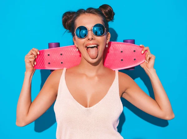 Joven Hermosa Mujer Hipster Sonriente Sexy Gafas Sol Chica Moda —  Fotos de Stock