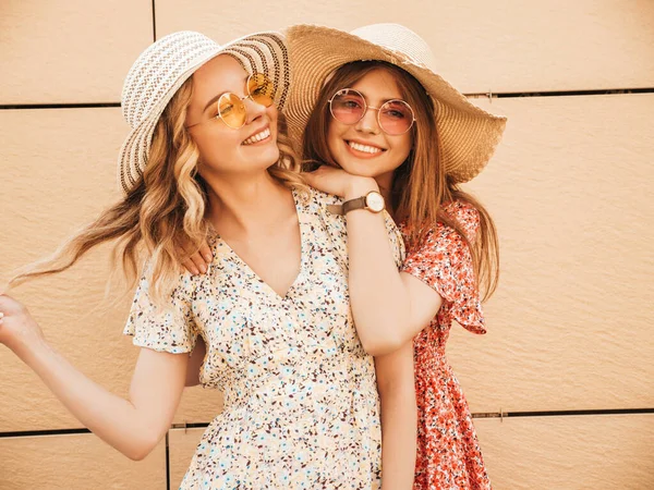 Two Young Beautiful Smiling Hipster Girls Trendy Summer Sundress Sexy — Stock Photo, Image