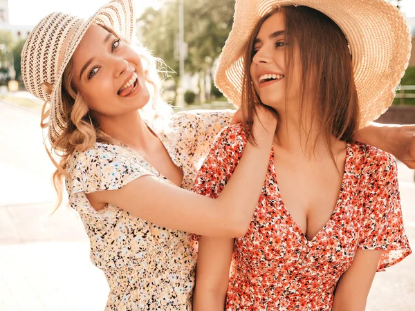 Two Young Beautiful Smiling Hipster Girls Trendy Summer Sundress Sexy — Stock Photo, Image