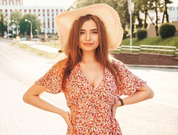 Portrait Young Beautiful Smiling Hipster Girl Trendy Summer Sundress Sexy — Stock Photo, Image