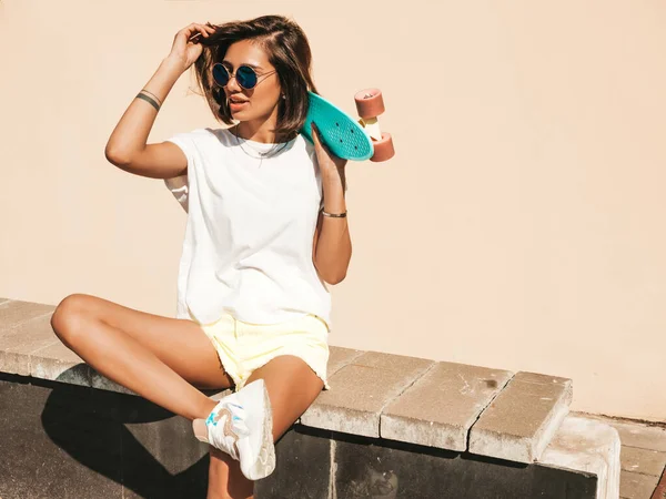 Young Beautiful Sexy Smiling Hipster Woman Sunglasses Trendy Girl Summer — Stock Photo, Image