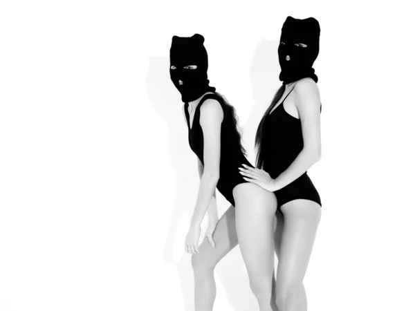 Deux Belles Femmes Sexy Maillot Bain Noir Modèles Portant Masque — Photo