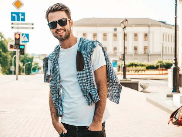 Portrait Handsome Smiling Stylish Hipster Lambersexual Model Man Dressed White — Stock Photo, Image