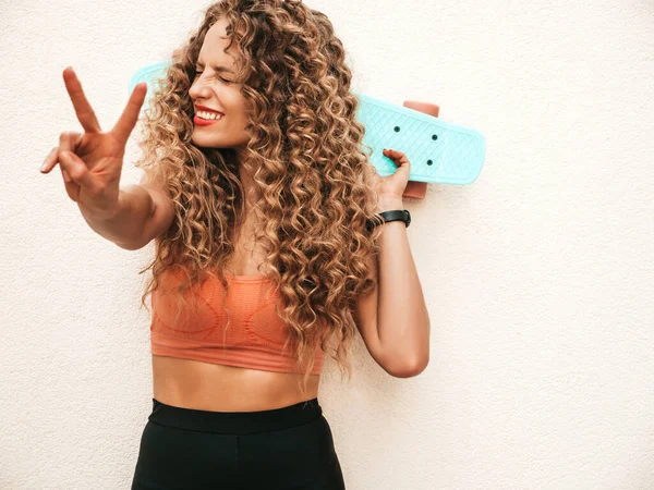 Young Beautiful Sexy Smiling Hipster Woman Afro Curls Hairstyle Trendy — Stock Photo, Image
