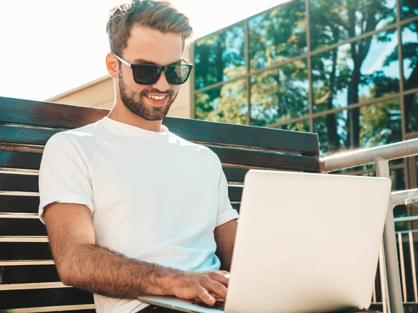 Handsome Smiling Stylish Hipster Lambersexual Model Fashion Man Sitting Bench — Stock Photo, Image