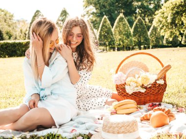 İki güzel hippi kadın, son moda yaz elbisesi ve şapkaları içinde. Kaygısız kadınlar dışarıda piknik yapıyor. Olumlu modeller çimlerin üzerinde oturmuş, meyve ve peynir yiyorlar.