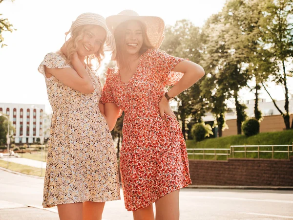 Two Young Beautiful Smiling Hipster Girls Trendy Summer Sundress Sexy — Stock Photo, Image