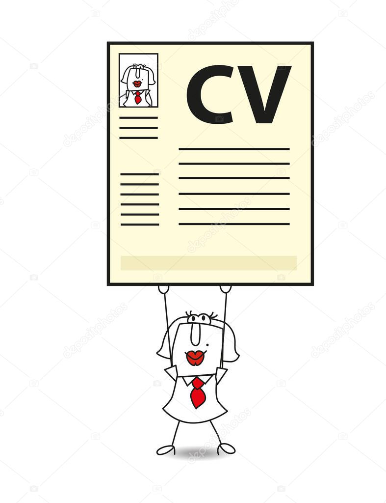 Karen is looking for a job. She is holding a giant curriculum vitae