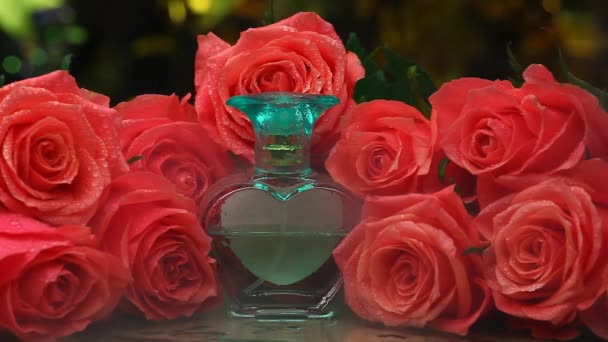 Vidrio Perfume Botella Humo Estudio Agua Gotas Rosa Flores — Vídeo de stock