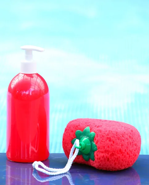 Swimming Pool Red Soap Massage Sponge — Stock Photo, Image