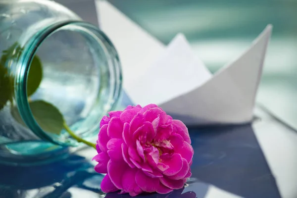 Paper Boat Pink Rose — Stock Photo, Image