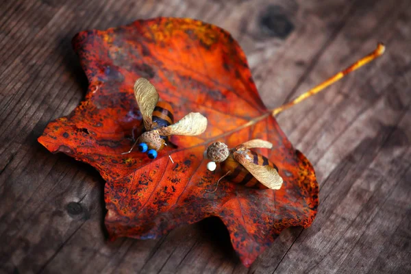 Handmade Bee Acorn Table Autumn Leaf — Stock Photo, Image