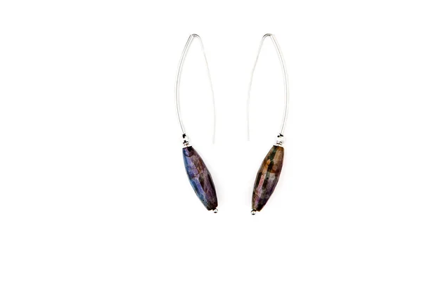 Boucles Oreilles Argent Labradorite Pierre Fond Blanc — Photo