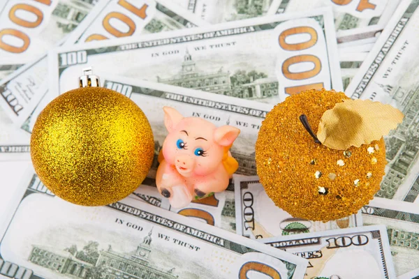 Nowy Rok Zabawka Złota Apple Ball Świnia Pieniądze Dolar — Zdjęcie stockowe