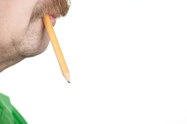 Man Pencil Mouth White Background — Stock Photo, Image