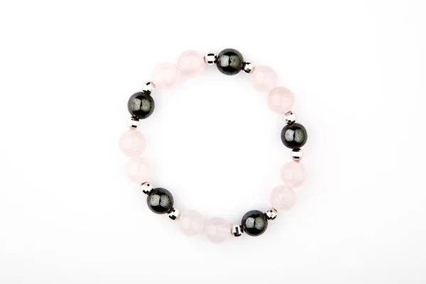 Silver Bracelet Pink Quartz Hematite Stone White Background — Stock Photo, Image