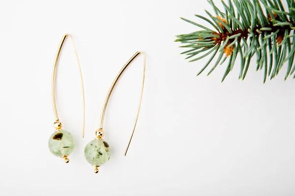 Gold Earrings Prehnite Stone Fir Tree White Background Nobody — Stock Photo, Image