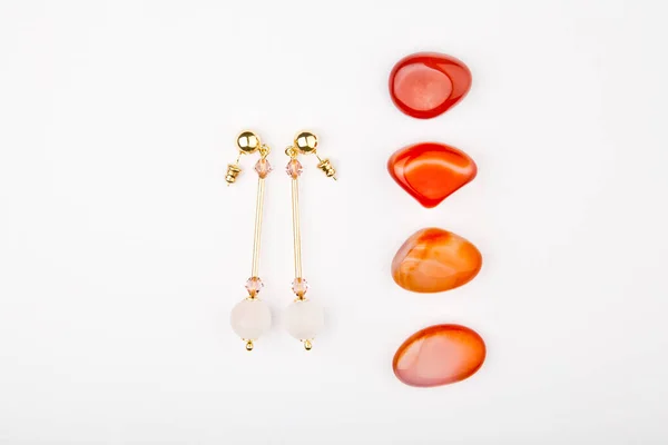 Pink Quarts Gold Earrings Red Stones White Background Nobody — Stock Photo, Image