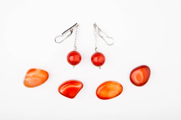Silver Earrings Sponge Coral Red Stones White Background Nobody — Stock Photo, Image