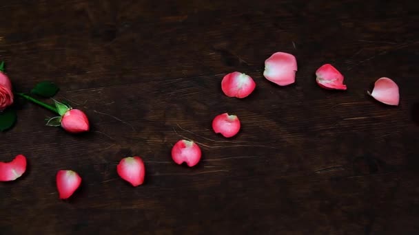 ピンクのバラの花びら木製テーブル — ストック動画