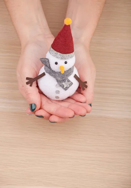 Textile Snowman Woman Hands Wooden Table Studio — Stock Photo, Image