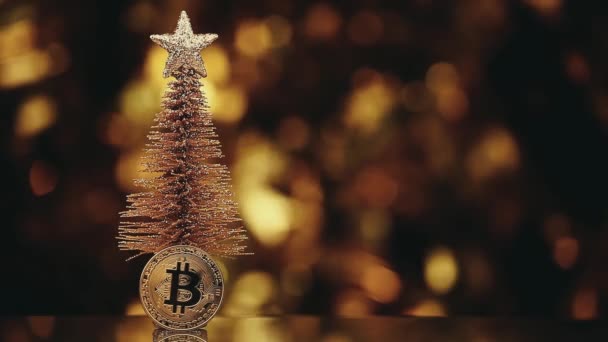 Bitcoin Mince Jedle Strom Zlaté Bokeh Záběry Studio Moskva Prosinec — Stock video